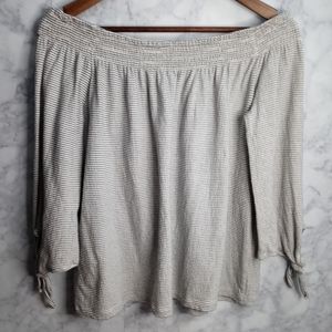 Lucky Brand Top Women Size M Blue Stipes Off Shoulder 3/4 Sleeve Casual